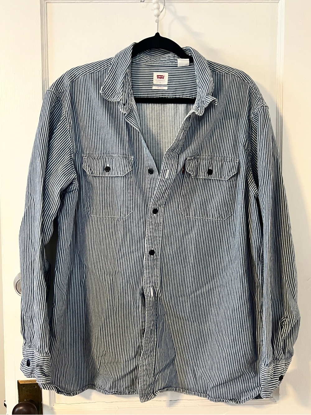Levi's Navy and White Stripe Railroad Button Up Long Sleeve Work Shirt Size L